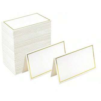 50 st. placeringskort med guldfolieram, bordskort för bröllop, namnetiketter, eskortkort, vikbara bröllopskort, bordskort, tackkort, gratulationskort, etiketter för matstationer, unika texturerade bordskort för födelsedagsfest, brudfest, jubileumsfest, produktetiketter