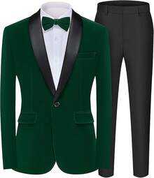 2026 Men's Casual Blazer & Pant Set  Men's 2 Piece Velvet Suit Peak Lapel One Button Slim Fit Tuxedo Blazer Party Dinner Jacket & Pants Relaxed Stretch Fit For Smart Casual Events - 綠色披肩翻領 - 查看 12