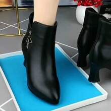 2025 Ankle Boots For Women, Leather, Pointed Toe, Soft Sole, Thermal Lining, Slim Heel, Versatile, Autumn/Winter 2025 New Arrival - Black - View 3