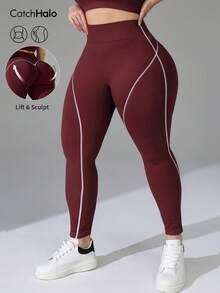 Plus Size Contrast Binding Compression Fitness Legging For Women, High Waist Tummy Control Seamless Opaque Sports Leggings, Spring Summer Workout Outfits - 紅木色 - 查看 2