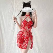 Underwear Classical Floral Bird Embroidery Slit Cheongsam National  Mesh See-Through Halter Dress - Hồng - Xem 6
