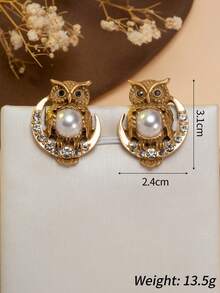 1 par de pendientes vintage de búho con perlas, pendientes de lujo franceses versátiles con strass en forma de luna, pendientes de diseño único con motivo animal - Bronce - Ver 3