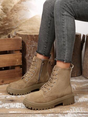 Khaki Lace-Up Boots, Side Zipper Decor Glossy Short Shaft Motorcycle Boots, Fashionable & Elegant For Office, School, Autumn/Winter