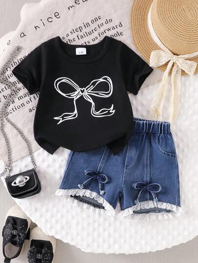 Baby Girl Butterfly Print Black Short Sleeve T-Shirt Top And 3D Bow Lace Trim Denim Shorts Set