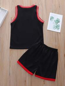 男童字母印花背心和短裤休闲套装 - 黑色 - 查看 2