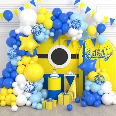 111 Sets Of Blue And Yellow Cartoon-Themed Balloon Arches, With Five-Pointed Star Foil Paper And White Maroon Blue Balloons. Suitable For Occasions Such As Anniversaries, Birthday Parties, Weddings, Graduation Ceremonies, And Baby Baptisms, No Power Supply Required.