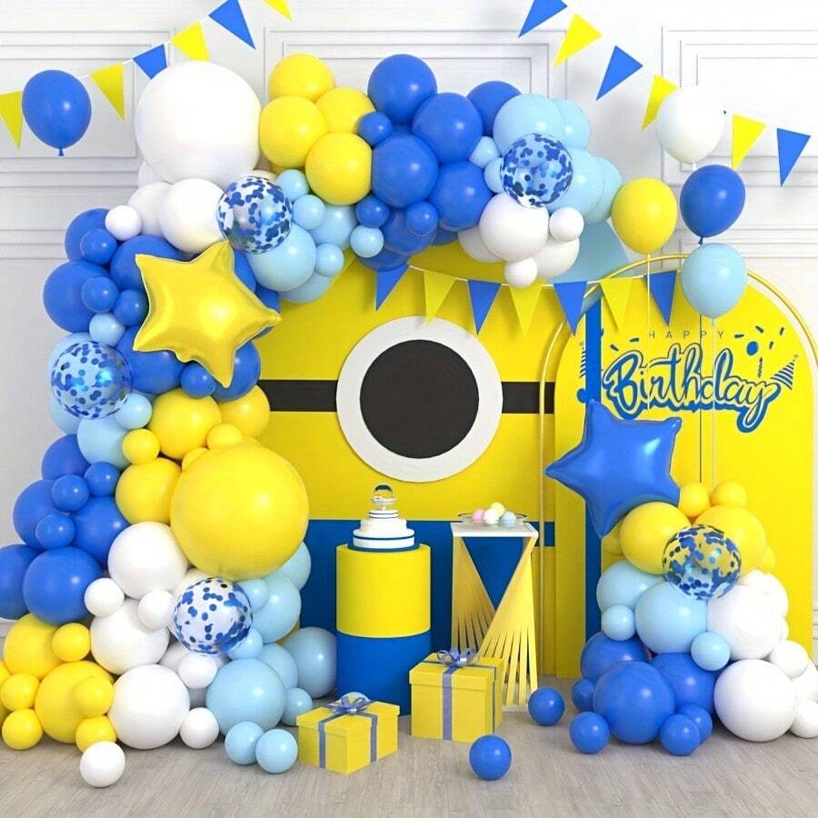 111 Sets Of Blue And Yellow Cartoon-Themed Balloon Arches, With Five-Pointed Star Foil Paper And White Maroon Blue Balloons. Suitable For Occasions Such As Anniversaries, Birthday Parties, Weddings, Graduation Ceremonies, And Baby Baptisms, No Power Supply Required. - Multicolor - View 1