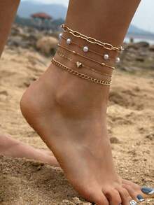 5pcs/Set Minimalist Metal Chain Pendant, Heart & Pearl Decor Layered Anklet Jewelry Set, Suitable For Daily Wear, Casual, Party, Gift - 28838-ank-g-3-eP - View 2