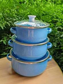 3 قطع طقم أواني طهي مطلية بالمينا متعددة الألوان، قدر طهي مطلي بالمينا سميك ذو مقبضين، متعدد الاستخدامات للموقد الغازي والحثي، يشمل قدر الحساء وقدر الحليب وطبق مينا كرتوني جميل - وعاء المينا - مشاهدة 15