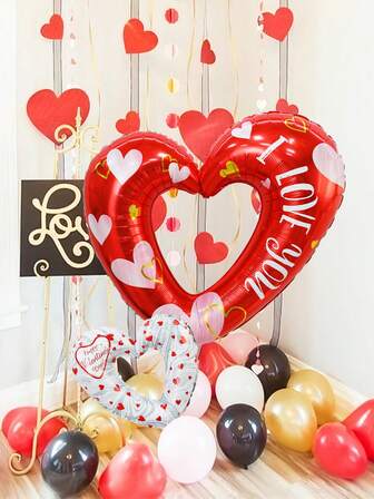 2pcs Hollow Heart-Shaped Aluminum Foil Balloons, Red And White Diagonal Heart Design, Suitable For Valentine's Day, Anniversary, Confession, Engagement, Proposal Party, Birthday, Romantic Decoration