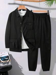 Autumn American Vintage Heavyweight Men's Utility Jacket & Cargo Pants Outfit, Rugged Style - Black - View 3