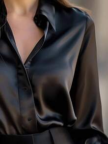 大码秋冬女装时尚、优雅、休闲、简约、通勤、日常纯色套头袖单排扣长袖翻领开襟衬衫，冬季服装，女士秋季服装，女士纽扣衬衫，婚礼宾客衬衫，商务休闲女装，职业女士正装，女士工作上衣，女士正式上衣，秋冬上衣，秋冬衬衫 - 黑色 - 查看 5