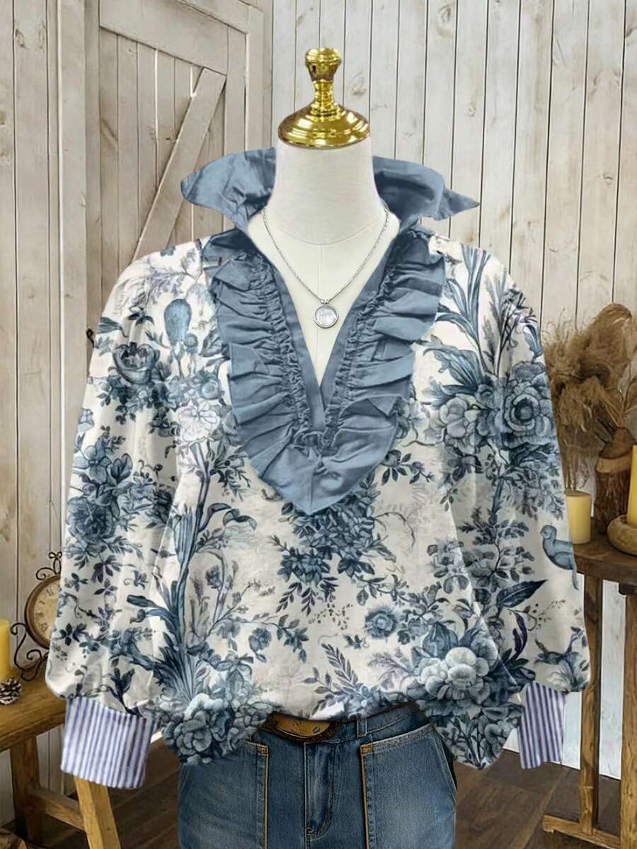 女士时尚优雅蓝色花卉瓷纹V领褶皱蕾丝设计，条纹袖口装饰，长袖宽松衬衫，秋冬款 - 藍白色 - 查看 1