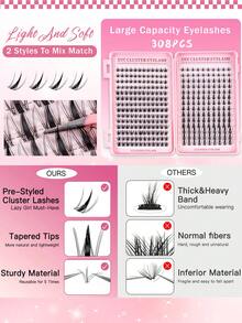 MEM 308pcs D Curl Eyelash Extension DIY Kit, Mixed Lash Combo, 10-12mm Cluster D Curl Fluffy Individual Lashes, Soft & Voluminous, Mini Travel Size, Thick Lash Set Includes Glue, Sealant & Tweezers, Suitable For Home Use, Daily Wear, Beginner Friendly, Also Great For Weddings, Dates, Parties, Holidays, Perfect As Christmas/Halloween/Gift Lash Set - 黑色 - 查看 7