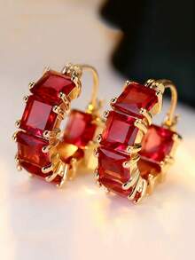 一对闪亮红色水钻金色耳环，优雅饰品，女士日常穿搭必备 - C形鋯石耳環 - 查看 6