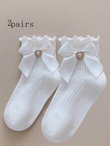 2双装：婴儿珍珠蝴蝶结荷叶边棉袜，可爱婴儿学生甜美短袜，女童配套连衣裙袜