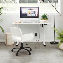 FurnitureR Silla Oficina para el Hogar con Respaldo Medio Silla Escritorio Tapizada Chenilla con Reposabrazos Silla Giratoria Altura Ajustable Silla Trabajo Ergonómica Beige - Beis - Ver 4