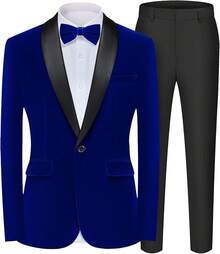 2026 Men's Casual Blazer & Pant Set  Men's 2 Piece Velvet Suit Peak Lapel One Button Slim Fit Tuxedo Blazer Party Dinner Jacket & Pants Relaxed Stretch Fit For Smart Casual Events - 藍色披肩領 - 查看 12