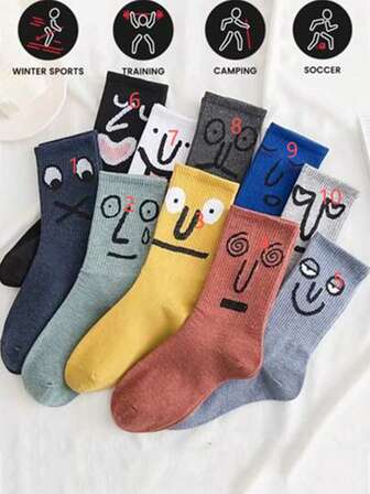 1/5/10 pares de calcetines divertidos con expresiones, calcetines largos de cintura alta con dibujos animados para hombres y mujeres, primavera/otoño