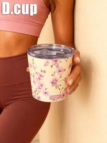 1pc 350ml Pink Floral Pattern Insulated Tumbler, Thermal Mug, Coffee Cup, Cup, Travel Mug, Vacuum Bottle, Flat Bottom Cup, Tea Cup, Water Bottle, Holiday Gift, Birthday Gift, Graduation, Back To School, Valentine's Day, Mother's Day And Other Holiday Gifts - Multicolor - View 2