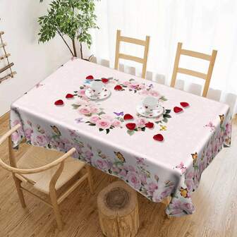 1件可重复使用、可水洗的心形玫瑰图案桌布，适合室内外家居装饰、情人节装饰