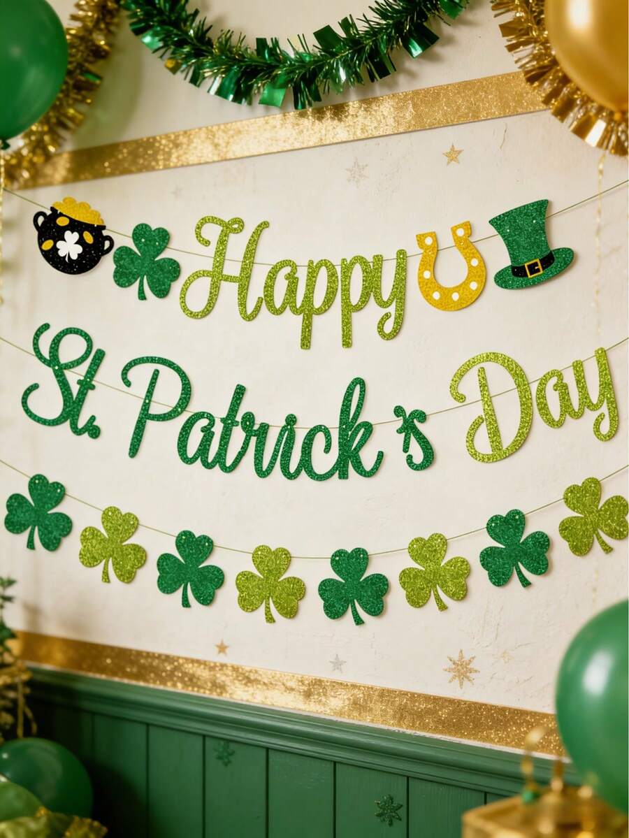 9.84ft Shiny St. Patrick's Day Happy Banner, Shamrock Banner, St. Patrick's Day Banner, St. Patrick's Day Shamrock Wreath Decor, Suitable For Irish Luck Day Decoration, Party Decor, Home Decor