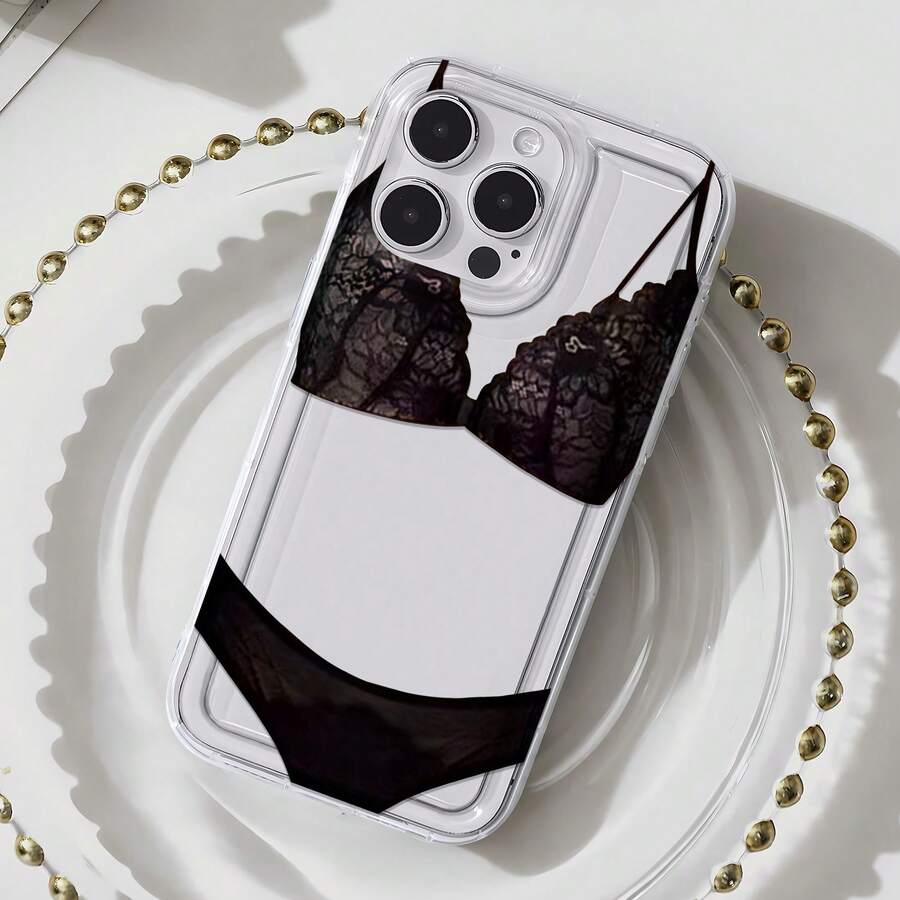 Funda para teléfono con diseño de conjunto de lencería de encaje negro, compatible con iPhone 16, 15, 14 Pro Max, 13, 12, 11, XR y XS Plus. Fabricada en silicona TPU, ofrece protección contra golpes y caídas, además de una excelente sensación al tacto. Es el regalo ideal para familiares, amigos y seres queridos. - transparente - Ver 1