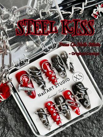 Original Design, Handmade, 10 Pieces Of Punk Style Acrylic Nail Kit, Press On Nails Stiletto, Clear Nails,Adorned With Punk Elements Such As Snakes, Paperclips, Screws, And Crosses. Black Nails, Red Nails, Color-Blocking Design Perfectly Displays Various Chrome Alloy Accessories On The Nails, Enhancing Personal Charm.