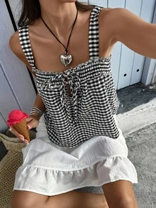 Doriss 女士纯色格纹麻花吊带背心休闲款 - 黑與白 - 查看 3