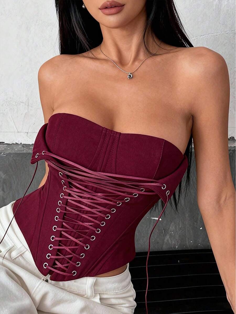 VexicaY2K 女士系带束身露脐上衣 - 紅色 - 查看 1