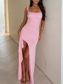 一件优雅性感派对针织不对称/露背修身长裙，适合晚宴约会、度假、花园派对、单身派对、舞台表演、旅行、婚礼、春夏秋季穿着，显瘦优雅，适合情人节、狂欢节、妇女节、节日粉色 - 粉色 - 查看 2