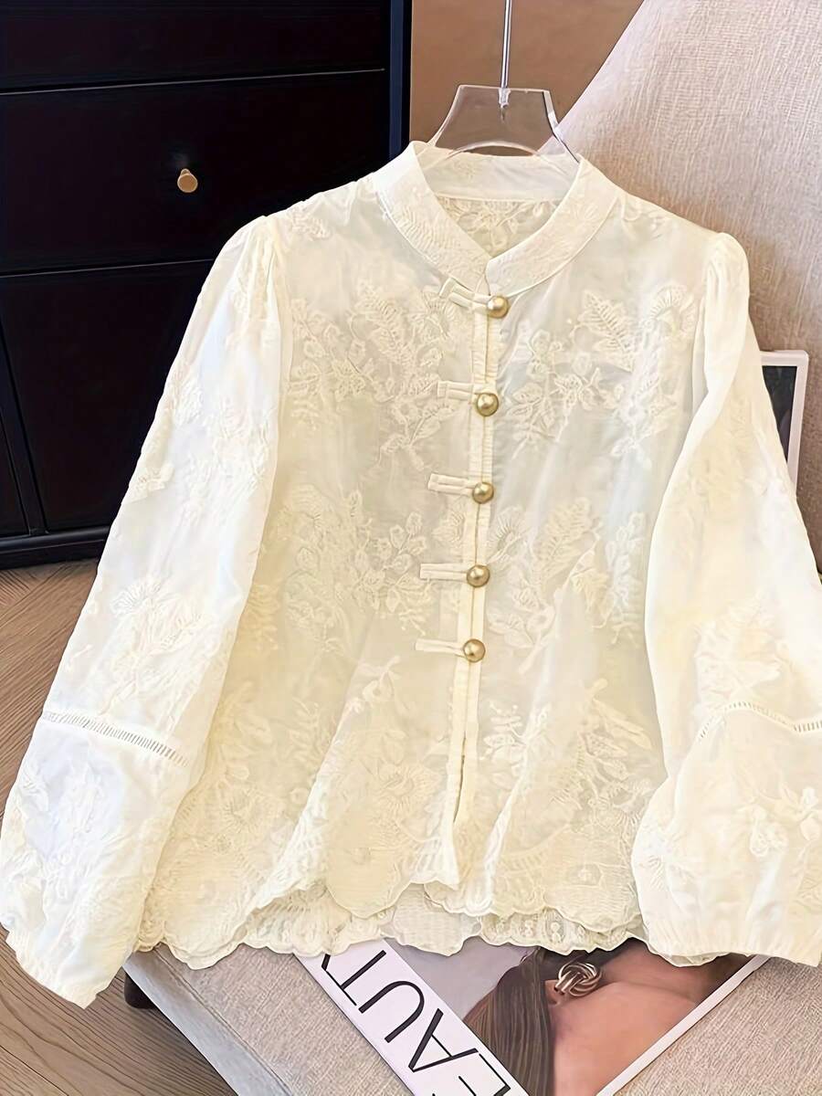 ii Women's Vintage Lace Embroidered Cuff Elegant Blouse Spring - Apricot - View 1