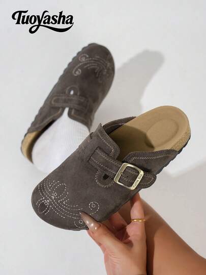 New Fashion Metal Buckle Decor Embroidered Thick Sole Comfortable Solid Color Cork Bottom Platform Slide Sandals, Suitable For Outdoor, Commuting, Casual, Daily Wear