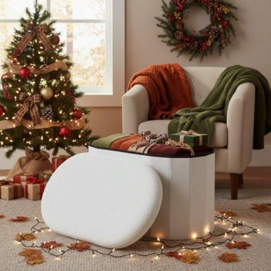 GOMYHOME Banco Otomano Plegable con AlmacenajeTaburete con Reposapies Banco de Almacenamiento para Entrada Sala de Estar y Dormitorio Boucle Blanco Perla - Blanco - Ver 1