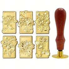 7pcs Floral Wax Seal Stamp Set - 1 Vintage Wooden Handle + 6 Flower Heads, Suitable For Wedding, Birthday Invitations, Gift Decorations - one-size - View 3