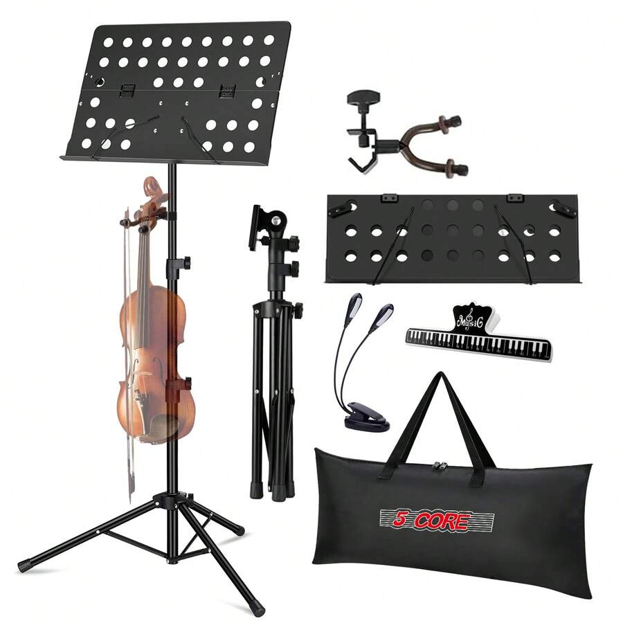 5 CORE Music Stand For Sheet Music Tripod Height Adjustable Portable Folding Note Holder Atril Para Partituras W Light Clip - MUS FLD HD ACC BLK