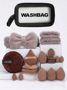 21pcs Facial Care Set Includes Waterproof Toiletry Bag + 8 Makeup Sponges (8 Teardrop/Round/Cone) | Waterproof Wrist Bands 1 Pair + Bow Headband | Tiered Storage Design | Hair Wrap & Facial Cleansing Tool Set