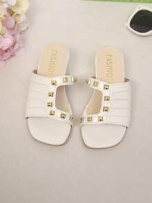 Zapatillas de moda para niños para exteriores, zapatos de verano con punta cuadrada y suela gruesa, sandalias de una sola pieza, nuevo estilo, elegantes, simples, zapatos de alta calidad para niñas. - Beis - Ver 4