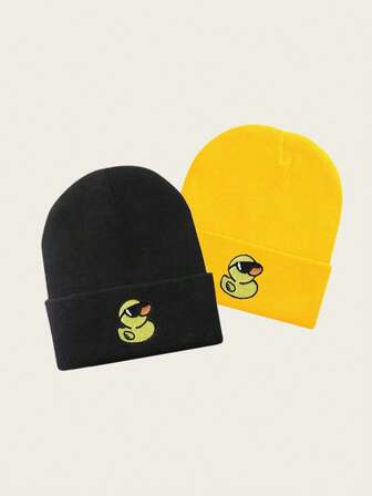 1顶新款秋冬男女通用针织帽，可爱鸭子刺绣，保暖百搭，户外休闲时尚保暖帽