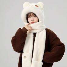 1pc Cute Strawberry Bear Ear Scarf Hat Cold-Proof Warm Hat Gloves Hooded Integrated Hat - 09-3598 帽子圍巾手套一體-黑色 - 查看 9