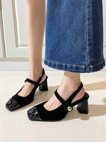 Sandali chiusi da donna taglie forti, stile Mary Jane con tacco chunky, adatti per abiti, ragazze adolescenti - nero - Visualizzare 2