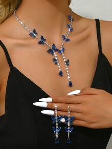 Women's Silver-Tone Butterfly & Floral Rhinestone 2 Pieces Jewelry Set (Necklace+Earrings) - Elegant Bridal Evening Jewelry