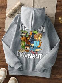 1件装男童休闲印花套头卫衣，保暖内衬，长袖，秋冬季 - 淺灰色 - 查看 3