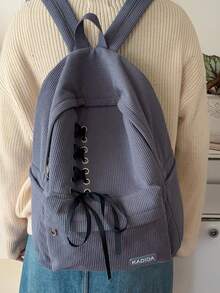 Mochila minimalista de gran capacidad con decoración de lazo, mochila de viaje de pana - Gris - Ver 2