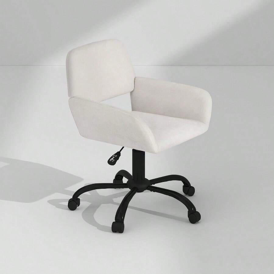 FurnitureR Silla Oficina para el Hogar con Respaldo Medio Silla Escritorio Tapizada Chenilla con Reposabrazos Silla Giratoria Altura Ajustable Silla Trabajo Ergonómica Beige - Beis - Ver 1