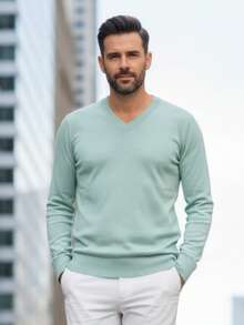 Men's Cold Weather Blouse | Men's Knitted Sweater | Winter Knitted Wool Pullover Long Sleeve V-Neck - 薄荷綠 - 查看 2