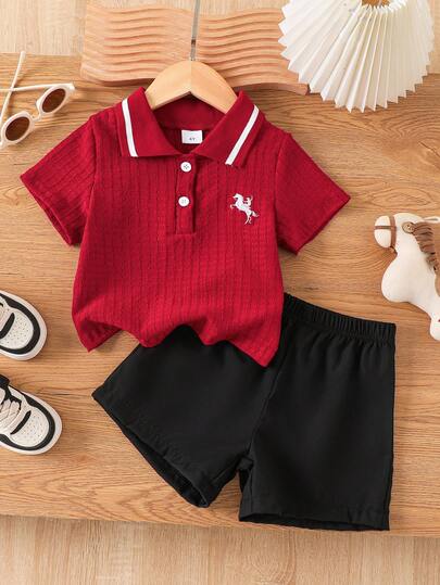 2pcs/Set Young Boys Casual Horse Embroidery Pleated Short Sleeve Polo Shirt And Shorts Set, Lightweight Summer Outfit