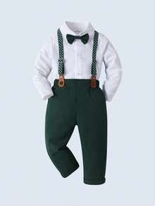 2pcs Young Boys Gentleman Outfit, Long Sleeve Shirt With Bow Tie And Suspender Pants, Fashionablntic For Birthday, Christmas Party, Wedding, Christening, 1st Birthday - Dark Green - View 2