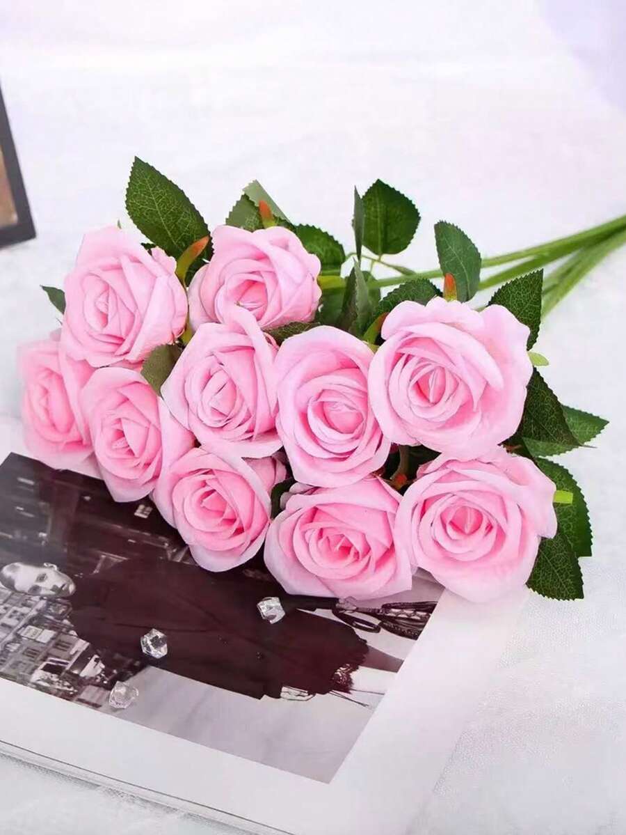 40 piezas Ramo artificial de rosas, flores falsas de seda, rosas de tallo largo realistas, adecuadas para decoración de bodas, centro de mesa para despedida de soltera, arreglo floral, decoración de mesa para fiestas, Día de San Valentín, cumpleaños, aniversario - Rosa - Ver 1