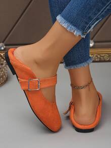 36-43 Plus Size Fashion Square Toe Flat Mary Jane Shoes, Orange Suede Casual Slip-On Shoes, Suitable For Dresses, Spring/Autumn - Orange Suede - View 5